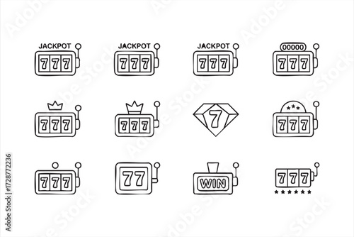 Entertainment icons collection featuring slot machine, jackpot, and win reward vector illustration