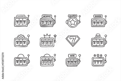 Gambling icons pack with slot machines, crown, star, and lucky symbols outline vector design