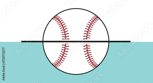 A baseball is depicted with stitches above a horizontal line and a blue shaded area below it.