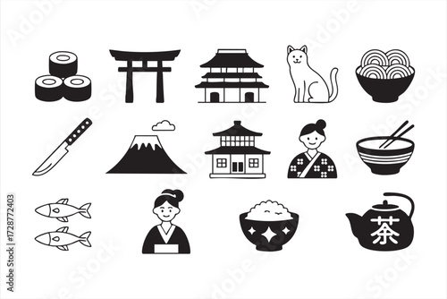 Sushi, noodles, rice, and teapot Japanese food icons with cultural elements like kimono and Mount Fuji design
