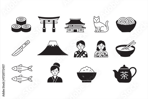 Japan travel icons pack featuring Mount Fuji, temple, torii gate, geisha, and traditional food outline vector