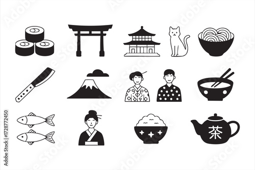 Japanese cultural icons set with sushi, noodles, rice bowl, and teapot vector illustration for travel and cuisine