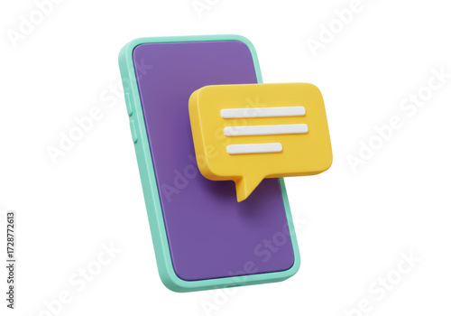 Isolated smartphone with a yellow text message bubble indicating notifications or a new chat