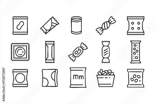 Snack and candy packaging vector icons with chocolate bars, chips bags, popcorn, and sweets outline illustration