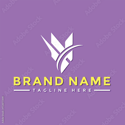 Vector art of modern white logo with sharp edges and a swoosh on a purple background with text brand name and tagline here