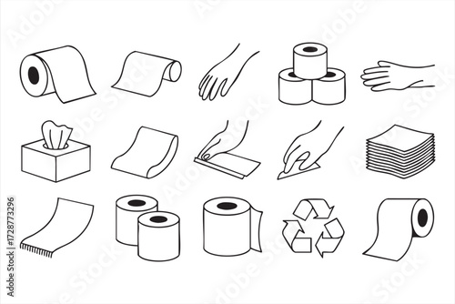 Hygiene icons collection with tissue paper, napkin box, recycling, and toilet roll outline vector design