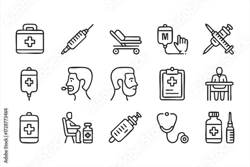 Healthcare and medical icons vector set with stethoscope, syringe, IV bag, doctor, and first aid kit outline
