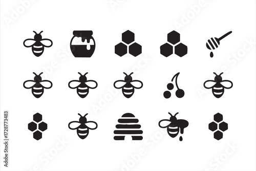 Natural honey product icons with beehive, swarm, and honey dipper outline vector design for farm graphics