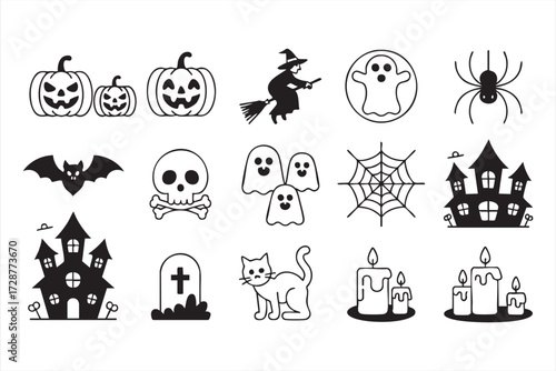 Halloween spooky icons set with pumpkins, ghosts, haunted house, witch, and spider outline vector illustration