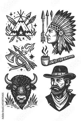 Vintage illustration of Native American symbols including headdress, weapons, and animals.