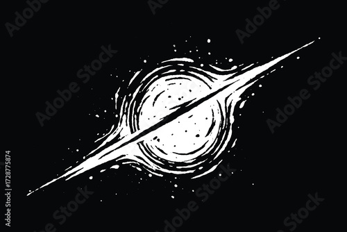 abstract cosmic illustration of black hole with glowing swirl and star field in deep space engraving style.