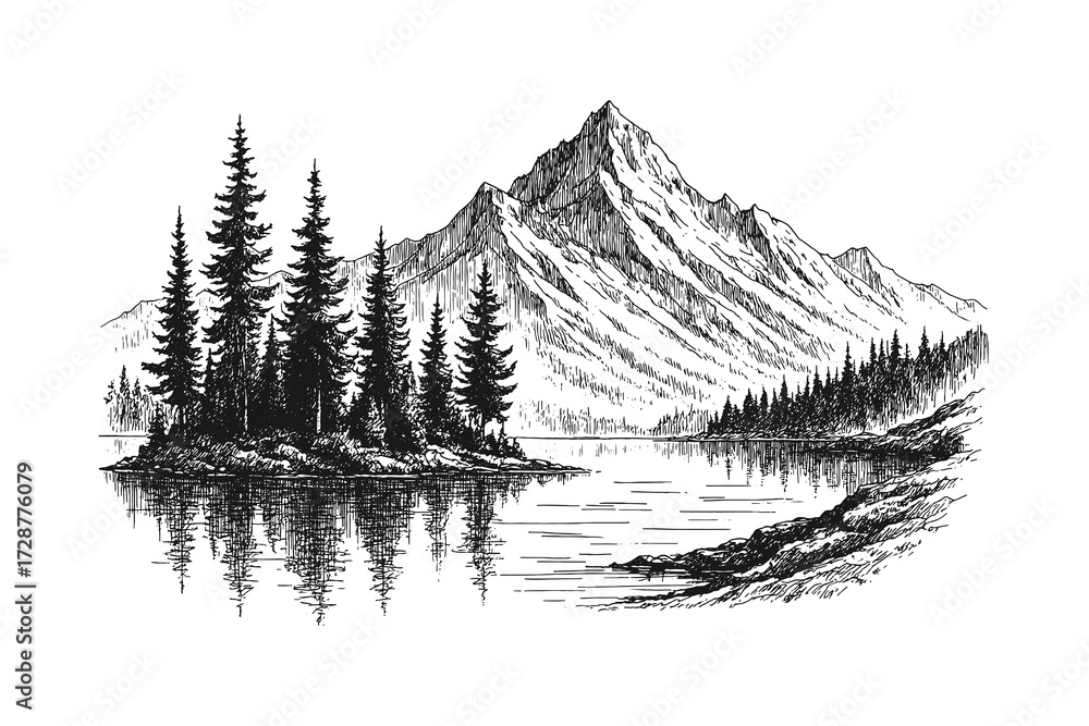 Photography Poster hand drawn mountain landscape with pine forest and lake reflection in vintage engraving style illustration | Wall Art | Europosters