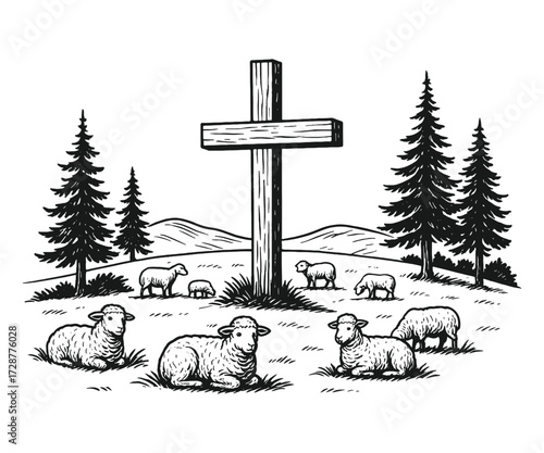 christian scene with wooden cross, sheep, and pine forest in pastoral meadow vintage engraving style.