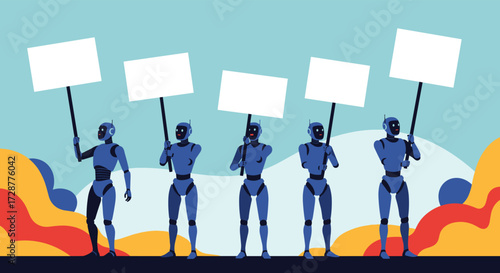Robots are gathered together holding blank signs for a demonstration.