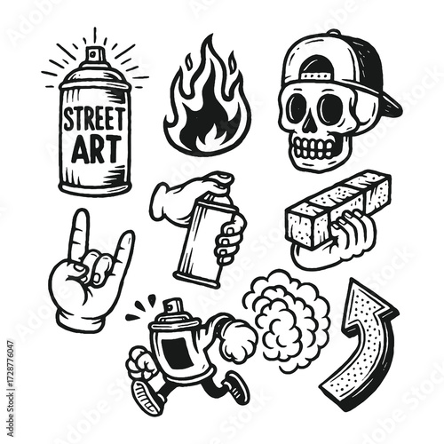 graffiti style street art icons with skull, fire, hand gesture, and gaming symbols in bold urban design.