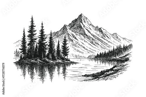 hand drawn mountain landscape with pine forest and lake reflection in vintage engraving style illustration.