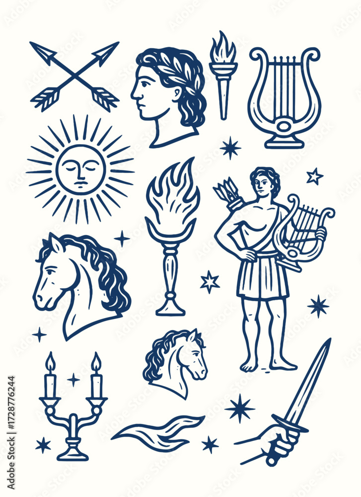 Fototapeta premium apollo, god of music, sun, and prophecy with lyre, laurel, and radiant youth in greek mythology illustration.