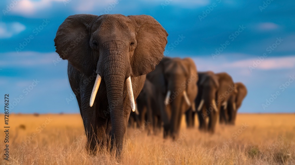 Fototapeta premium Herd of Elephants Walking Through Savanna Under Beautiful Sky at Dusk