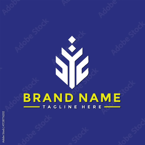 Vector art of abstract geometric logo design with white letters j, y, and c on a dark blue background, representing brand identity and corporate values