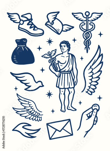 hermes, messenger god with winged sandals and caduceus, guide of travelers in greek mythology illustration.
