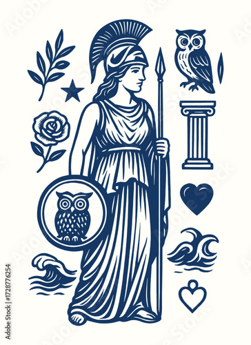 athena, goddess of wisdom and war with owl, helmet, and spear, protector of athens in greek mythology illustration.
