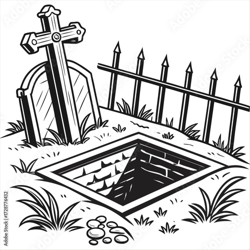vector illustration of an open grave with a pile of dirt crosses, and a fence in the background, ideal for themes of death, Halloween, or memorials on a white background