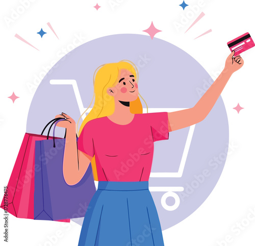 Woman shopping with credit card isolated on white background, vector illustration