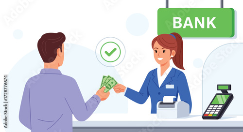 Bank teller serving customer isolated on white background