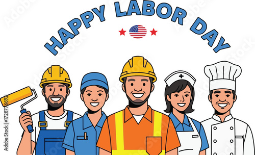 Happy labor day with diverse workers isolated on white background