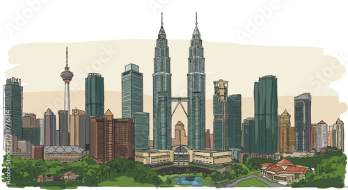 Hand-drawn illustrated panorama of a Malaysian city with iconic twin skyscrapers