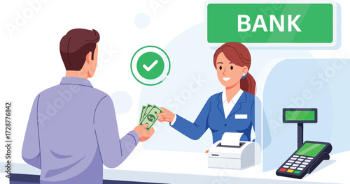 Customer gives money to a bank teller isolated on white background