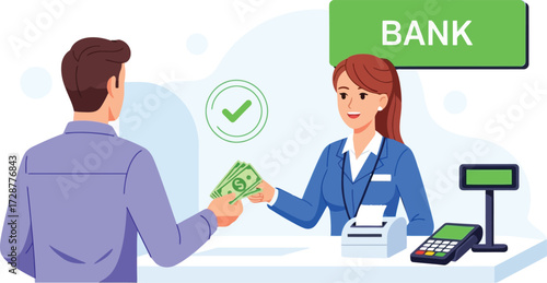 Bank teller handing over money to a customer isolated on white background