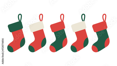 Five christmas stockings in alternating red and green colors hanging in a row against a white background
