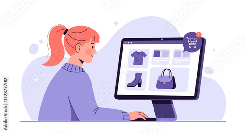 Woman shopping online using computer, choosing clothes and shoes in store