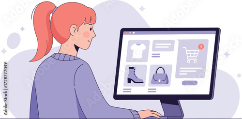 Woman shopping online using computer, choosing clothes and shoes in store