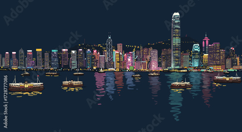 Vibrant illuminated cityscape panorama with modern skyscrapers reflecting on tranquil waters at night, showcasing urban grandeur