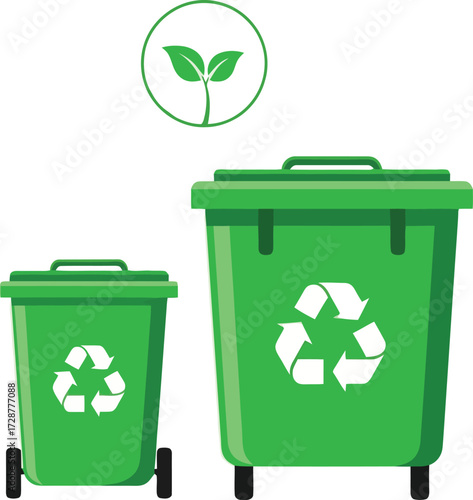 Two green recycling bins with recycle logo isolated on white background