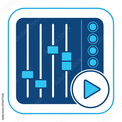 Music audio production icon featuring mixing board sliders and play button symbol 