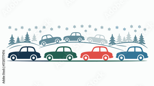 A row of colorful cars on a snowy hill with christmas trees and snowflakes in the background illustration