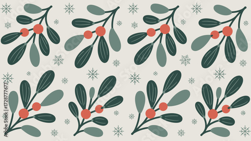 Repeating pattern of mistletoe branches with red berries and snowflakes on a light background