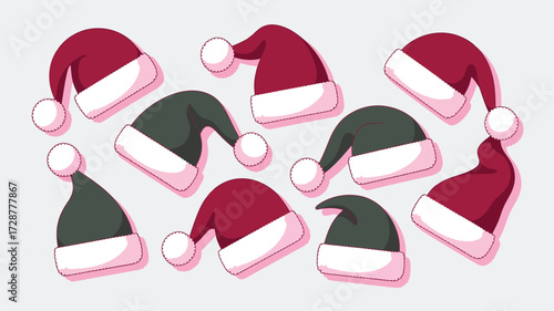A festive arrangement of santa hats in red and green scattered on a light gray background in a pattern