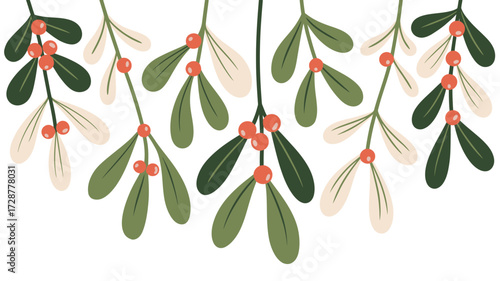 Hanging mistletoe branches with green and cream leaves and red berries on a white background design element