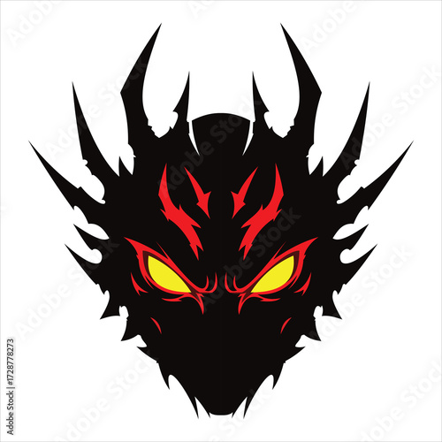Fierce black demon face with glowing red eyes and sharp spikes