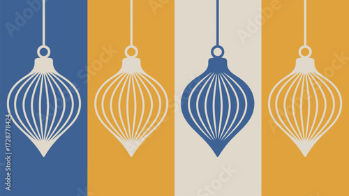 Four christmas ornaments hanging against a color block background in a retro styled illustration