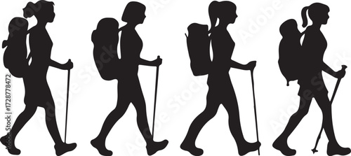 Hiker icon, Travel man vector, Woman hiking silhouette, Backpack traveler graphic, Trekking person clipart, Outdoor hiker design, Mountain tourist artwork, Adventure traveler outline, Walking hiker dr