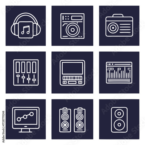 Modern music production icons representing audio equipment and technology in a grid layout 