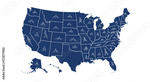 A blue map of the United States with a mountain range icon superimposed on each state.