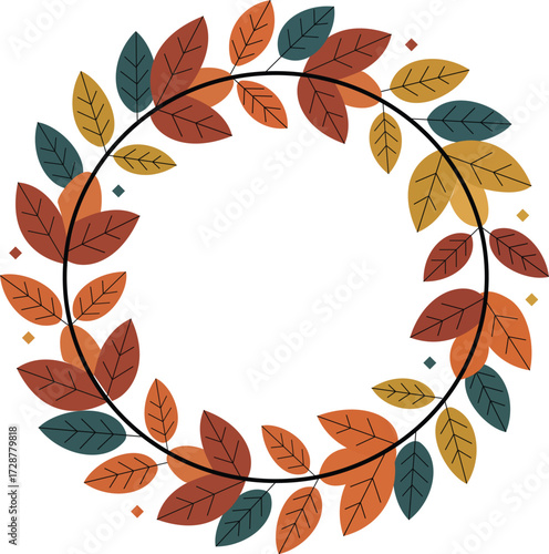 Flat Design Autumnal Leaves Wreath Frame on White Background