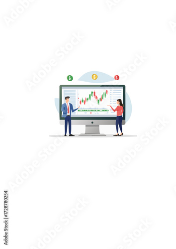 Stock Market Analysis Business professionals analyze stock charts on a large computer screen