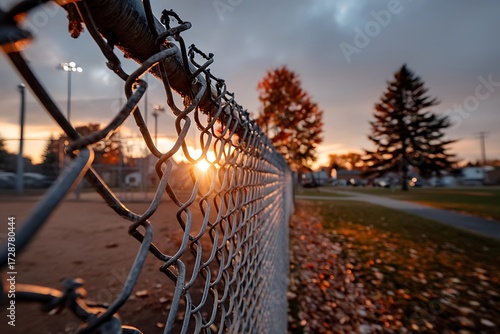 Wallpaper Mural The setting sun casting its warm glow on a baseball field through a chain link fence during autumn, capturing the serenity of the scene. Torontodigital.ca